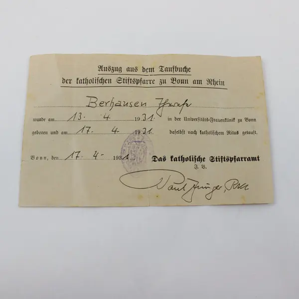 German Catholic Baptism Certificate 1931 Bonn am Rhein Auszug