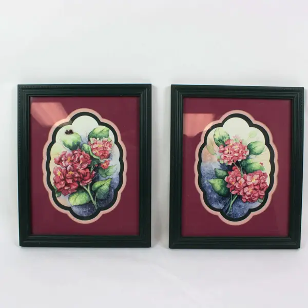 Set of 2 Framed Floral Artwork Pink Green Ornate Frames