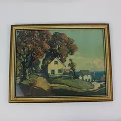 Vintage Framed Landscape Art Print Country Cottage Gold Painted Frame