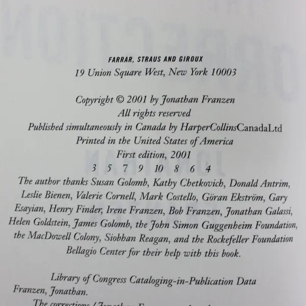 Jonathan Franzen The Corrections 1st ED 2001 HC Dust Jacket Oprah's Book Club 
