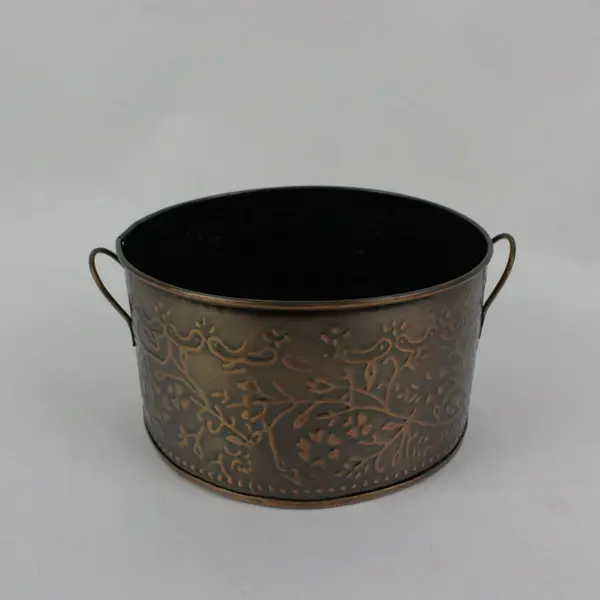 Vintage Embossed Copper-Tone Metal Bowl Container with Handles