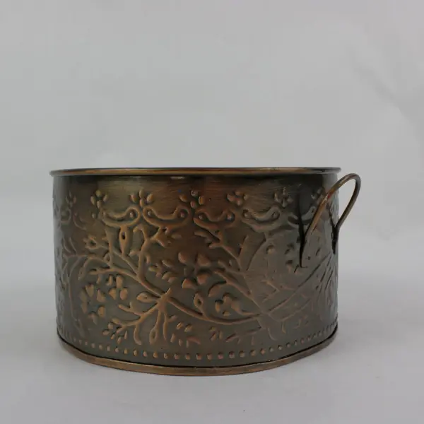 Vintage Embossed Copper-Tone Metal Bowl Container with Handles