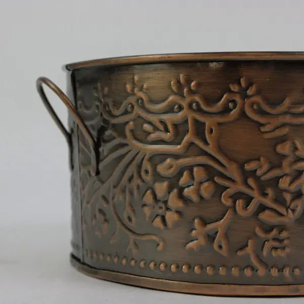 Vintage Embossed Copper-Tone Metal Bowl Container with Handles