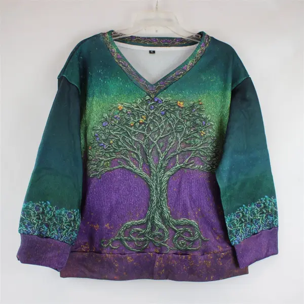 Women's XL Purple Green Tree Design V-Neck Pullover 