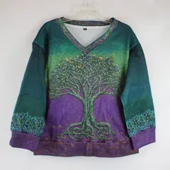 Women's XL Purple Green Tree Design V-Neck Pullover 