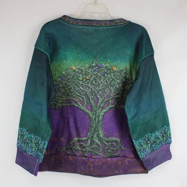 Women's XL Purple Green Tree Design V-Neck Pullover 