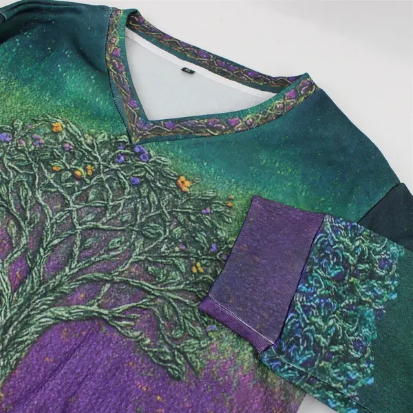 Women's XL Purple Green Tree Design V-Neck Pullover 