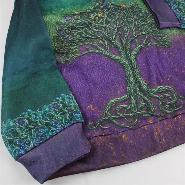 Women's XL Purple Green Tree Design V-Neck Pullover 
