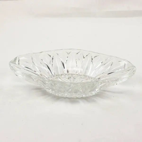Vintage Clear Pressed Glass Dish Starburst Pattern Scalloped Edge 10in