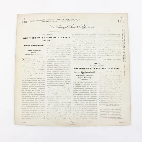 RCA Victor Red Seal Rachmaninoff Rhapsody On A  Theme Of Paganini LCT 1118  12"