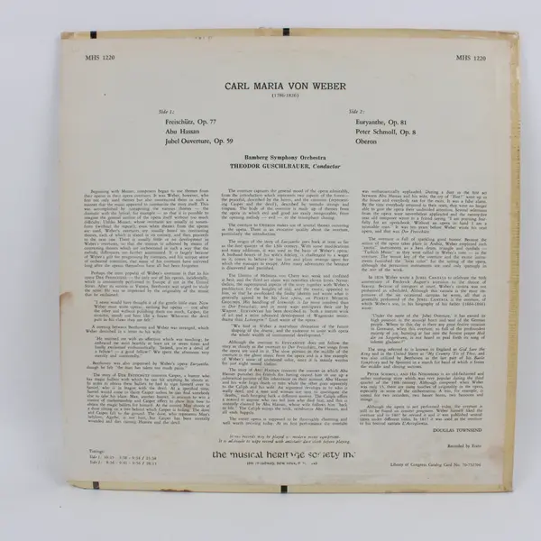 Musical Heritage Society MHS 1220 Carl Maria von Weber Overtures Stereo 12" 
