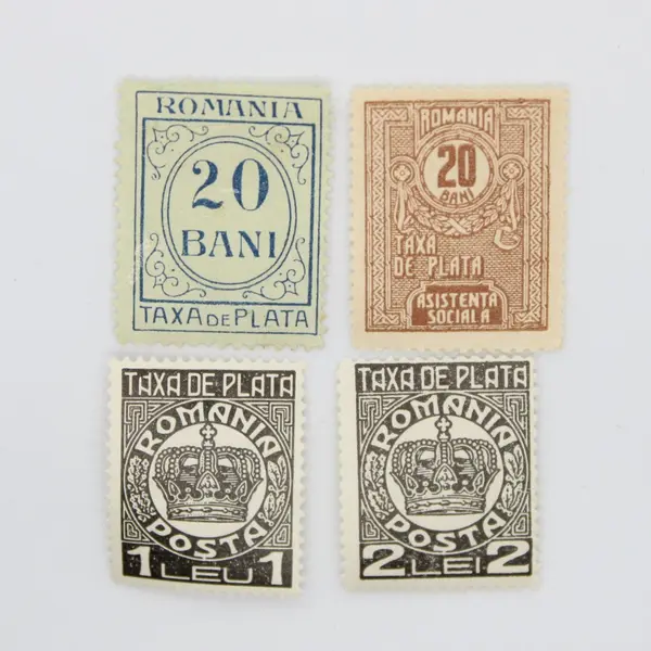Lot of 4 Romania Postage Tax Stamps 1 Leu 2 Lei 20 Bani