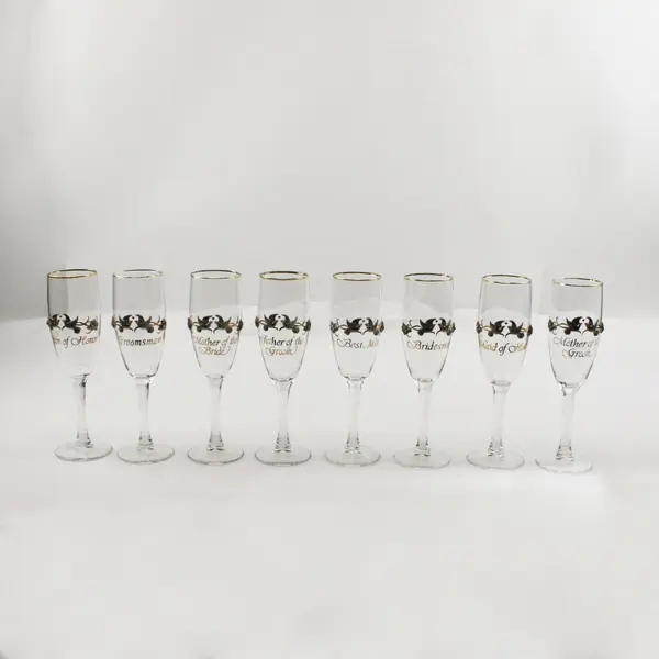 Rawcliffe Set of 8 Wedding Party Champagne Flutes Pewter Doves Gold Accents