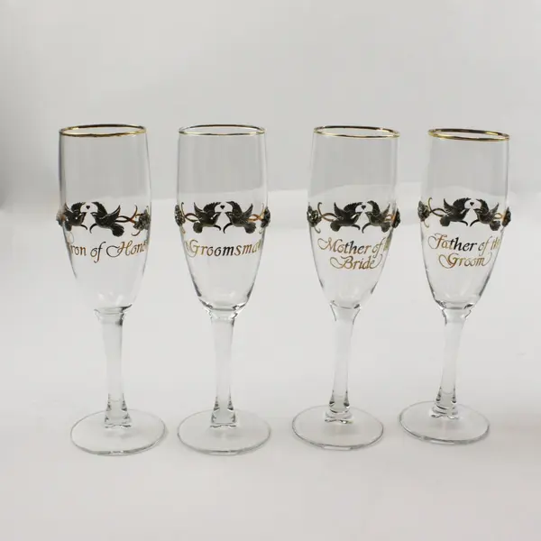 Rawcliffe Set of 8 Wedding Party Champagne Flutes Pewter Doves Gold Accents