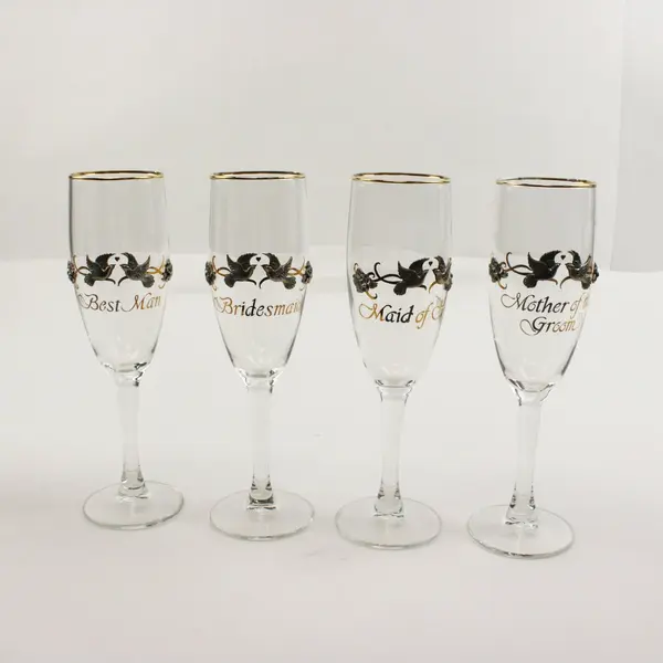 Rawcliffe Set of 8 Wedding Party Champagne Flutes Pewter Doves Gold Accents