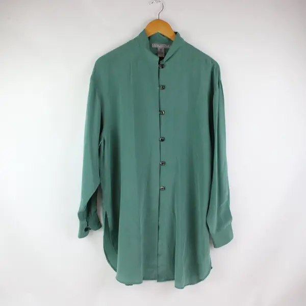 Robert Stock Men's Small Green Silk Long-Sleeve Stand Collar Button-Front Shirt