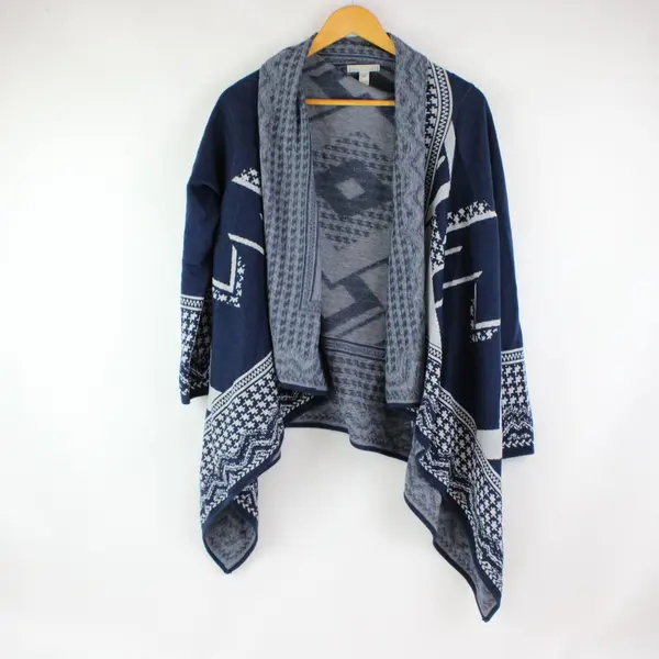 Dana Buchman Women's Cardigan M Blue White Diamond Open Front
