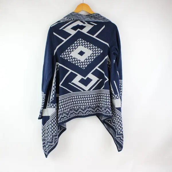 Dana Buchman Women's Cardigan M Blue White Diamond Open Front