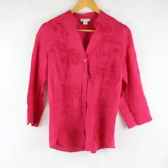 Charter Club Women's Blouse Size 6 Pink Floral Embellished Button-Down