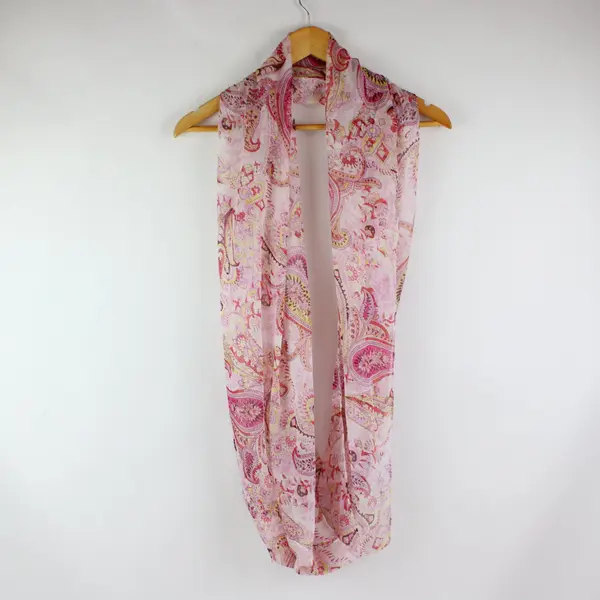 Women's Sheer Infinity Scarf Pink Yellow Red Paisley Print