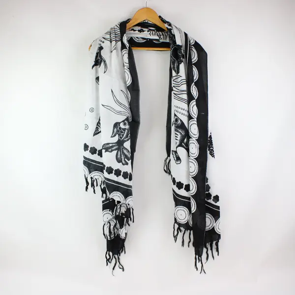 We Be Bop Black White Fish & Shell Ocean Print Shawl Scarf Wrap