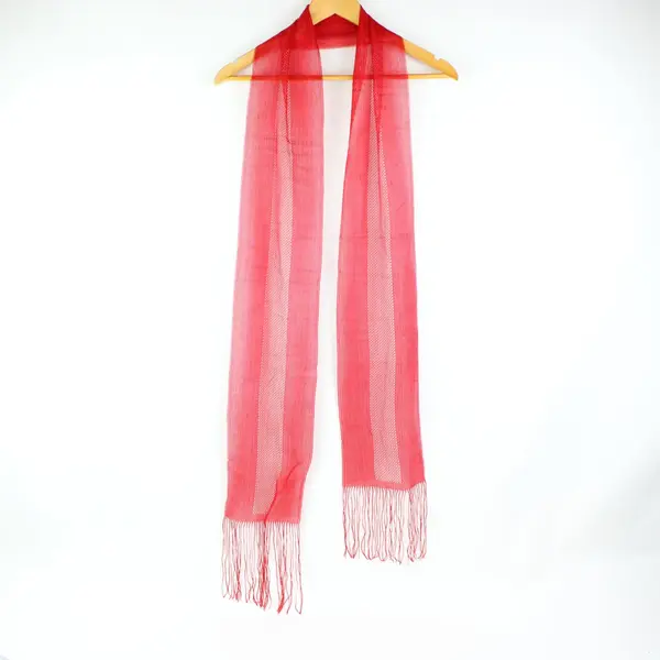 Red Open Knit Rectangular Scarf with Fringe Ends 79 x 6.5 in