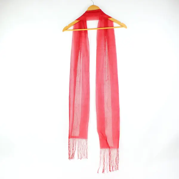 Red Open Knit Rectangular Scarf with Fringe Ends 79 x 6.5 in