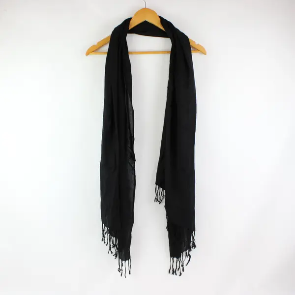 Black Sheer Rectangular Scarf Shawl with Tassel Fringe 67 x 29 in
