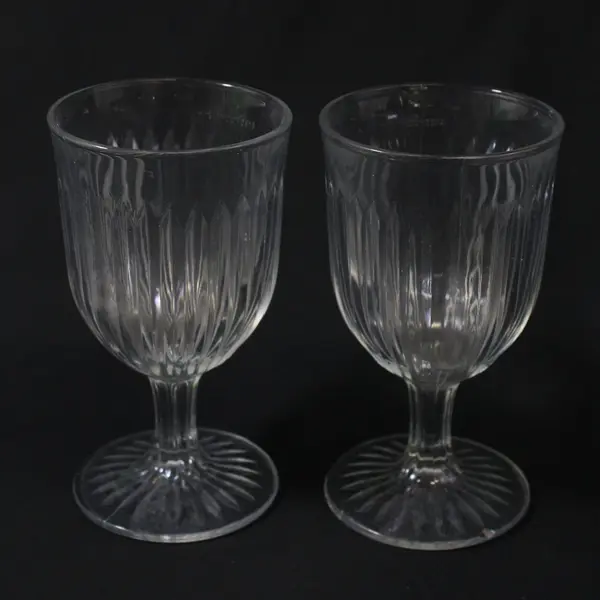 Pair of KIG Indonesia Clear Glass Goblets w/Vertical Fluted Lines & Ribbed Stem 