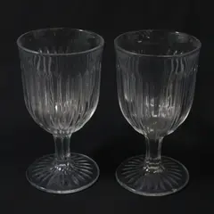 Pair of KIG Indonesia Clear Glass Goblets w/Vertical Fluted Lines & Ribbed Stem 