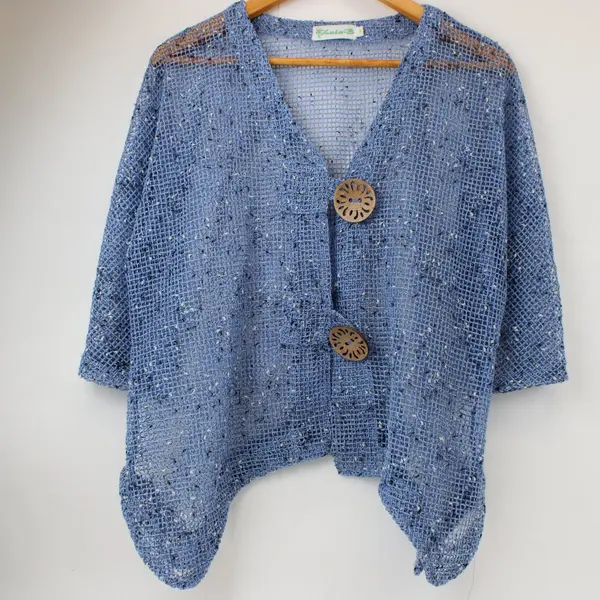 Lulu-B Women's Small Blue White Speckled Open Knit Boho Shrug Wooden Buttons