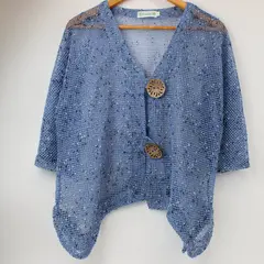 Lulu-B Women's Small Blue White Speckled Open Knit Boho Shrug Wooden Buttons