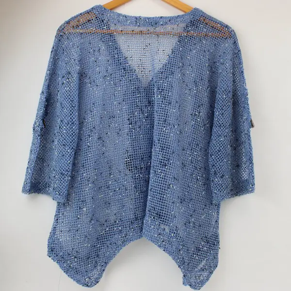 Lulu-B Women's Small Blue White Speckled Open Knit Boho Shrug Wooden Buttons