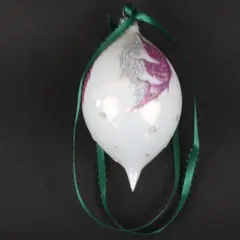 Christmas Cottage 2012 Glass Christmas Ornament White Pink Green Ribbon Boxed