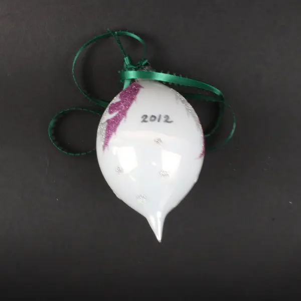 Christmas Cottage 2012 Glass Christmas Ornament White Pink Green Ribbon Boxed