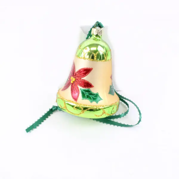 Blown Glass Poinsettia Bell Christmas Ornament Red Green Gold
