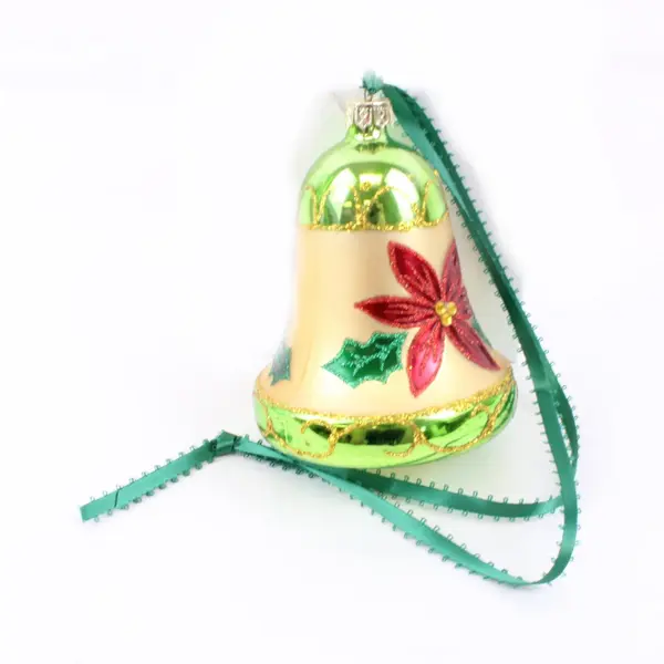 Blown Glass Poinsettia Bell Christmas Ornament Red Green Gold