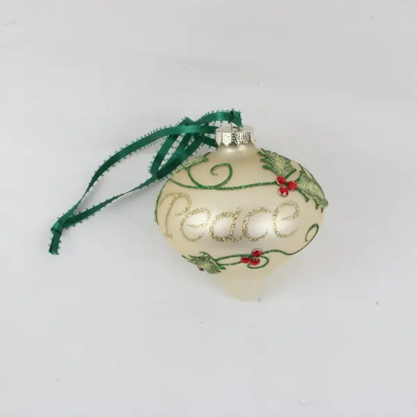 Christmas Cottage 2015 Glass Ball Ornament Cream Glitter Holly Berry Ribbon