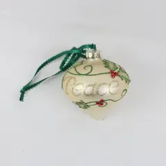 Christmas Cottage 2015 Glass Ball Ornament Cream Glitter Holly Berry Ribbon