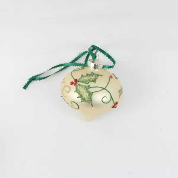 Christmas Cottage 2015 Glass Ball Ornament Cream Glitter Holly Berry Ribbon