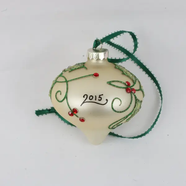 Christmas Cottage 2015 Glass Ball Ornament Cream Glitter Holly Berry Ribbon