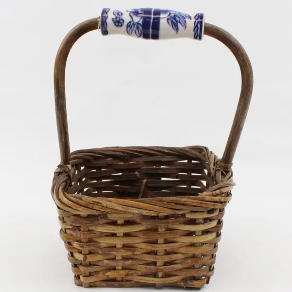 Woven Wicker Basket Blue White Ceramic Accents 11"