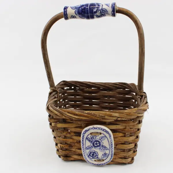 Woven Wicker Basket Blue White Ceramic Accents 11"