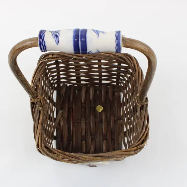 Woven Wicker Basket Blue White Ceramic Accents 11"