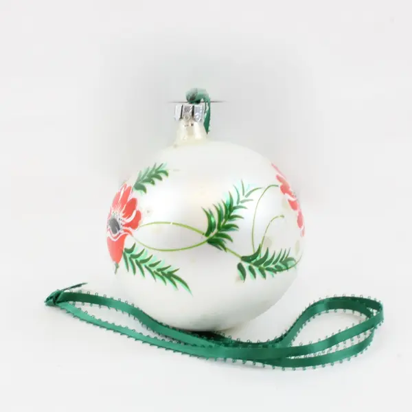 Christmas Cottage Hand Painted Floral Christmas Ornament Ball Red White Green