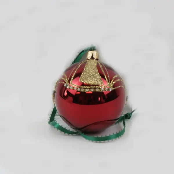 Burgundy Gold Glass Christmas Ball Ornament Green Ribbon Ornate Fountain Design