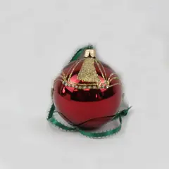 Burgundy Gold Glass Christmas Ball Ornament Green Ribbon Ornate Fountain Design