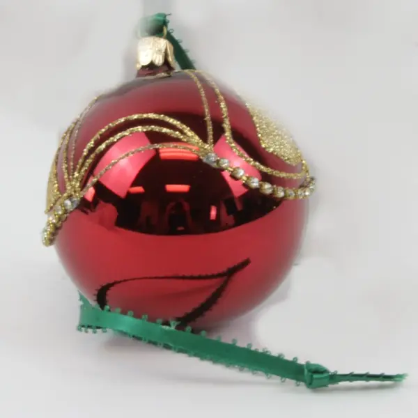 Burgundy Gold Glass Christmas Ball Ornament Green Ribbon Ornate Fountain Design