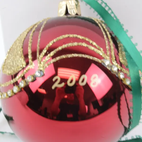 Burgundy Gold Glass Christmas Ball Ornament Green Ribbon Ornate Fountain Design