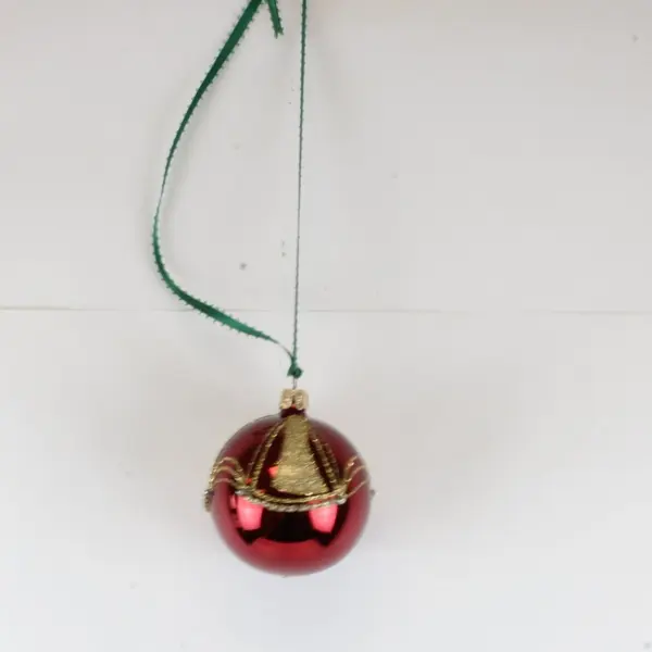 Burgundy Gold Glass Christmas Ball Ornament Green Ribbon Ornate Fountain Design